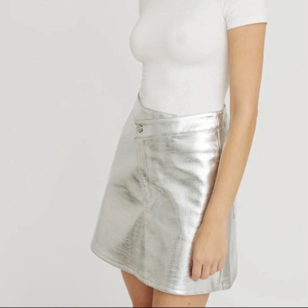 Torn by Ronny Kobo Donnie Skirt Metallic Silver Croc Faux Leather Mini Skirt XS